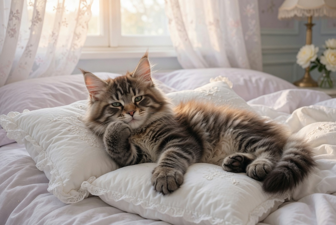 Cream Tabby Maine Coon kitten Honey lying on pillows